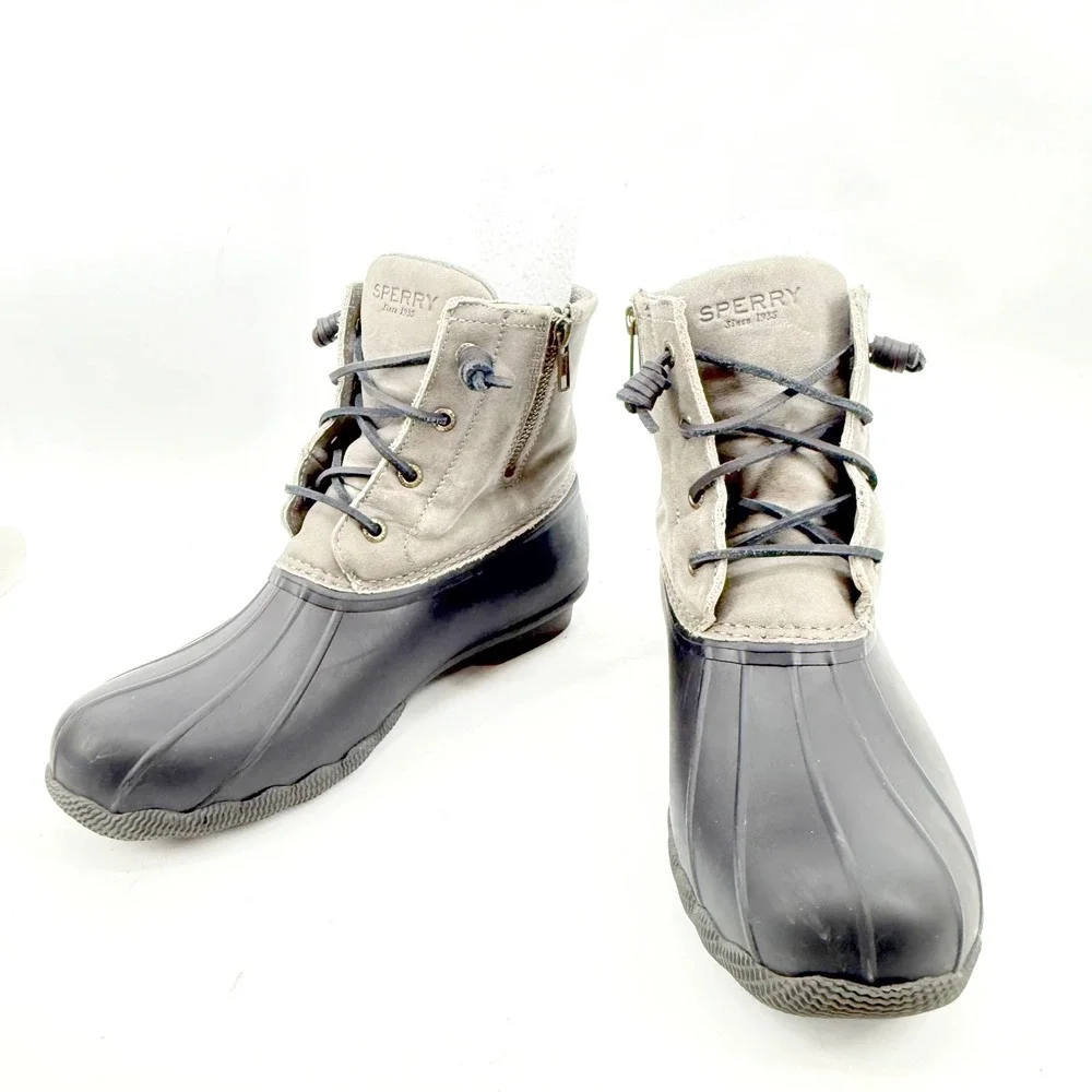 Sperry Saltwater Duck Boots Womens 9 Grey Black Waterproof Side Zip Outdoors